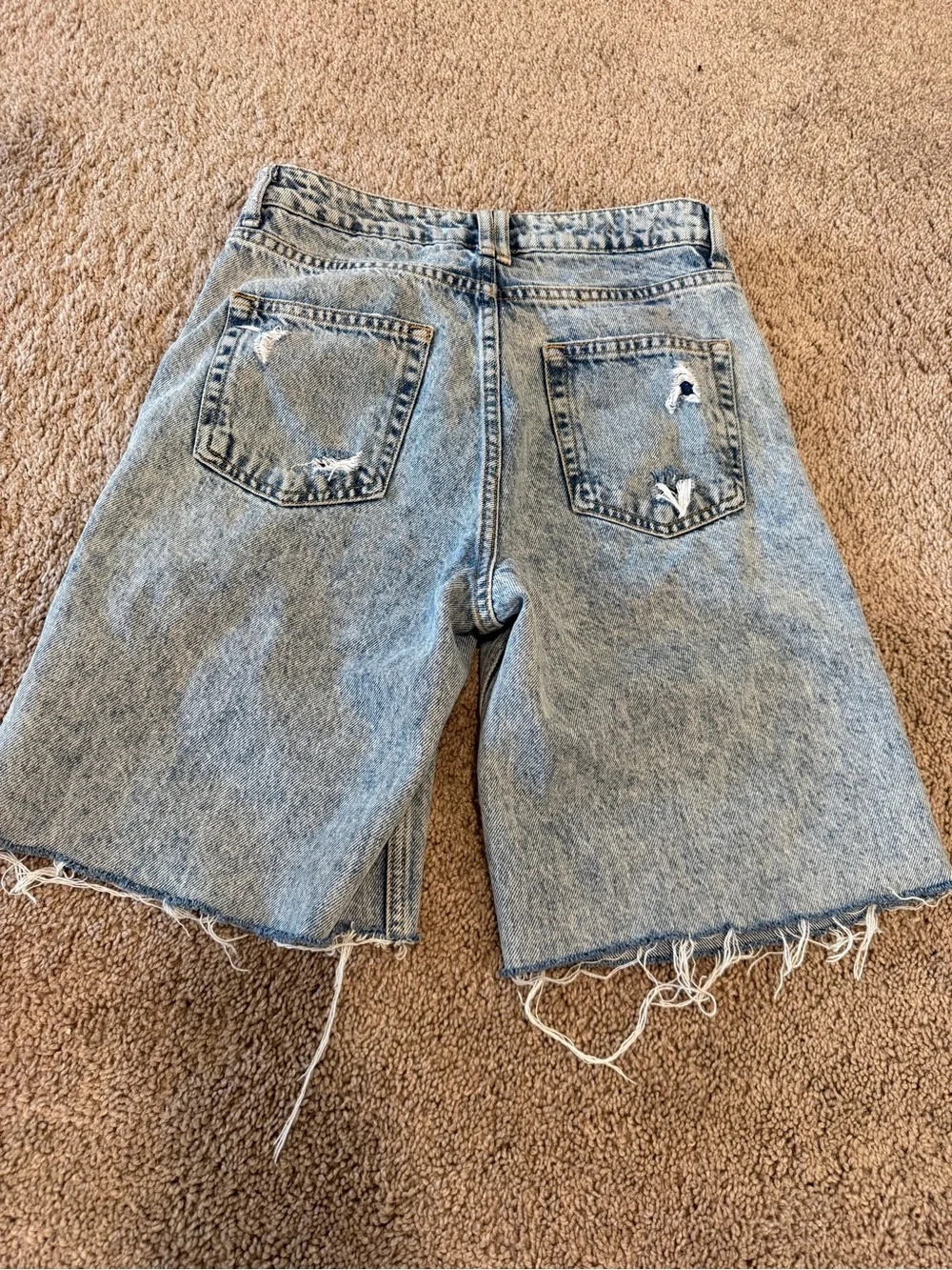 Zara denim jorts longline baggy Light Blue Distressed Denim Bermuda long Shorts